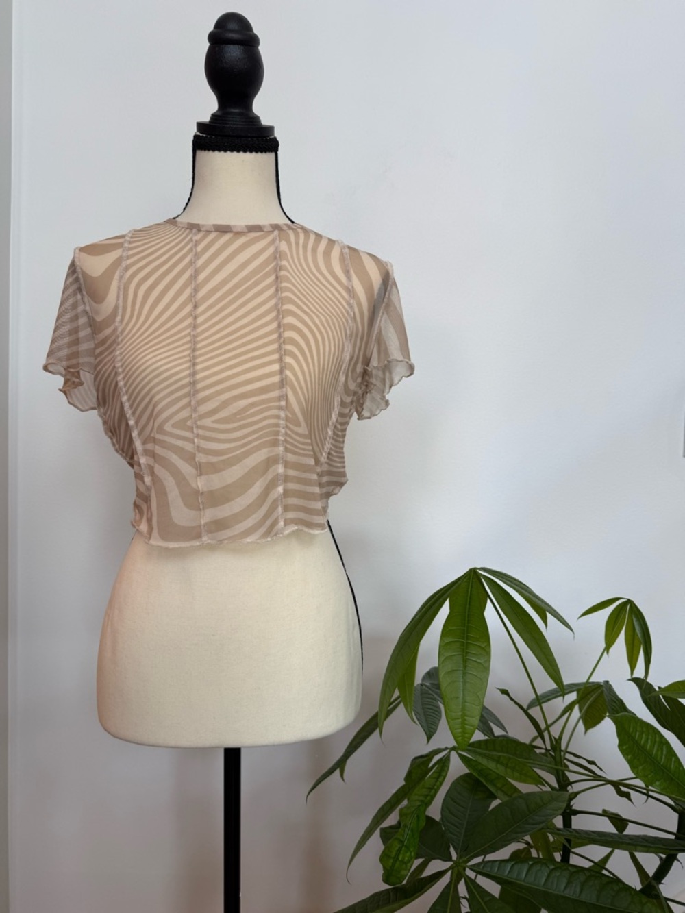H&M Creamy Tan Swirl Stripe Mesh See Through Crop Top